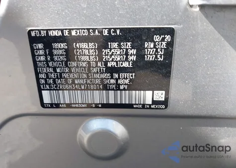 2020 Honda Hr-V Awd Lx from USA, damaged, VIN 3CZRU6H34LM718014